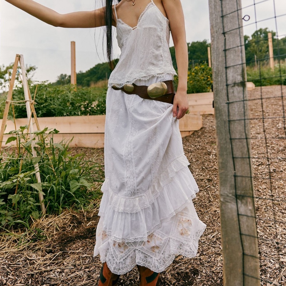 Free People Luna Midi Skirt Ruffle Lace Layer Prairie NWT🔖